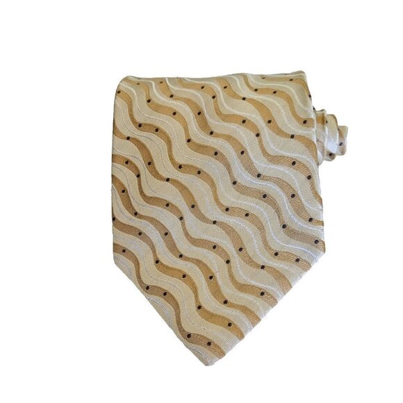 Sazzari Tie Gold White Waves Embroidery Grey Dots 100% SIlk L 56.5 in W 3.75 in - Picture 2 of 13